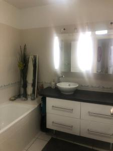 een badkamer met een wastafel, een bad en een spiegel bij Résidence de standing in Bayonne