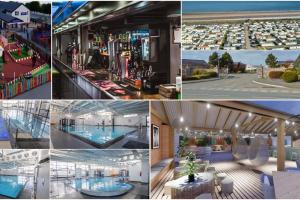 a collage of photos of a pool and buildings at CozyCaravanz in Abergele
