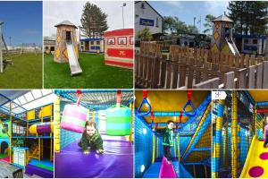 a collage of four pictures of a child playing on an inflatable playground at CozyCaravanz in Abergele