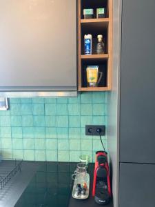 a kitchen with a counter top with aperature at Seaview Penthouse Oostende in Ostend +26 photos