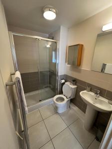 a bathroom with a shower and a toilet and a sink at Cambridge Apartment with free onsite parking in Cambridge