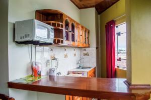 eine Küche mit einer Arbeitsplatte und einer Mikrowelle in der Unterkunft Bello-Oriente-I in Iquitos