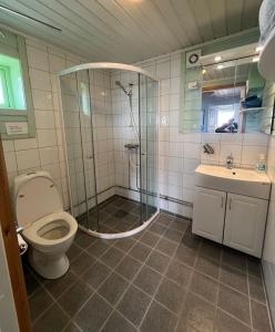 y baño con ducha, aseo y lavamanos. en Ekkerøy Feriehus en Vadsø