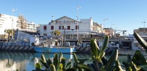 un bateau amarré dans un port de plaisance avec un bâtiment dans l'établissement Hôtel Clair de Lune, à Mauguio