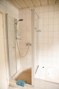 y baño con ducha y puerta de cristal. en Modernes Apartment mit Top Ausstattung und Kamin im Oberpfälzer Seenland, en Nittenau