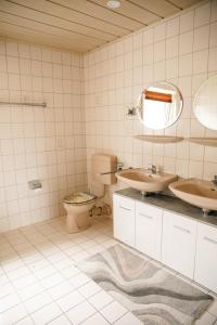 a bathroom with two sinks and a toilet and a mirror at Modernes Apartment mit Top Ausstattung und Kamin im Oberpfälzer Seenland in Nittenau