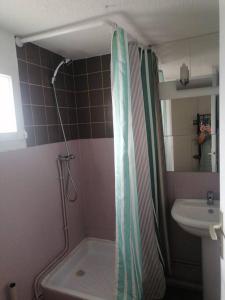 ein Bad mit einem Duschvorhang und einem Waschbecken in der Unterkunft Proche de la plage les hauts du port in Saint-Cyr-sur-Mer