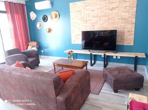 uma sala de estar com um sofá e uma televisão de ecrã plano em Vacances canal du midi em Ouveillan