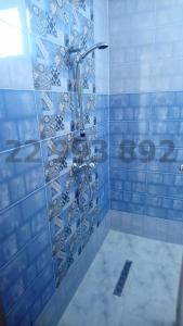 La salle de bains est pourvue d'une douche et de carrelage bleu. dans l'établissement Villa s+3 500 métre du plage dar allouche anwer ferjeni, à Hennchir Ksar Rhaleb