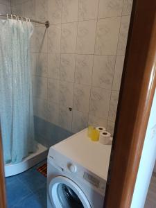 y baño con ducha y lavadora. en Rooms Mario, en Međugorje