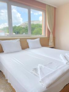 バルチクにあるFamily Hotel Morska Zvezdaの白いシーツを使用した大きなベッド、窓が備わります。