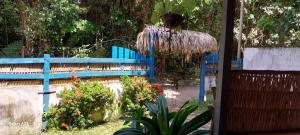 een blauw hek met een rieten dak en bloemen bij Redario BOTOS DE ALTER in Alter do Chao