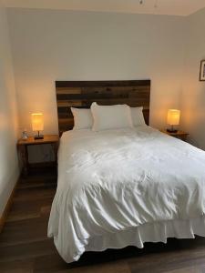 a bedroom with a large white bed with two lamps at Falls Edge Farm Cottage in Benton