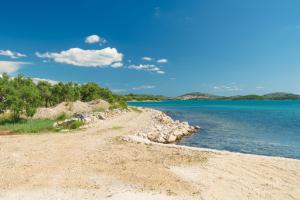 a sandy beach with trees and the water at Villa Maris in Betina