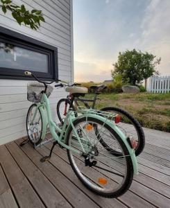 un vélo vert garé sur une terrasse en bois dans l'établissement Igluhut on the South Coast of Lohusalu 200m from the Sea!, à Lohusalu
