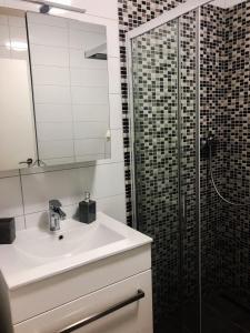 uma casa de banho com um lavatório e uma cabina de duche em vidro. em Two Bedroom Apartment em Kastav