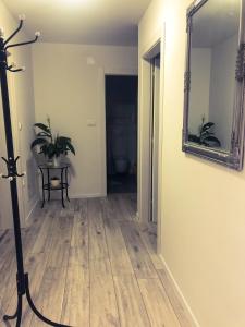 um corredor com um espelho e uma mesa com uma planta em Two Bedroom Apartment em Kastav
