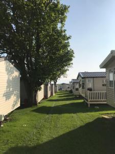 Holiday Caravan, Pebble Bank في Wyke Regis: صف من البيوت المتنقلة في ساحة فيها شجرة