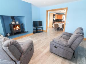 a living room with two couches and a fireplace at Lack Cottage in Tralee