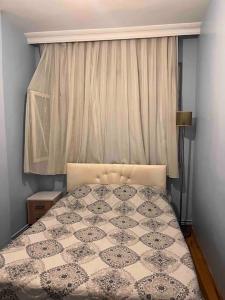 a bedroom with a bed and a window with curtains at Şehir Merkezinde Konforlu Daire in Istanbul