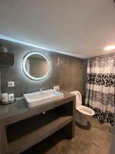 a bathroom with a sink and a toilet and a mirror at Sofita Luxury Apartment in Paralía