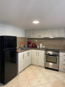 eine Küche mit einem schwarzen Kühlschrank und einer Spüle in der Unterkunft Sofita Luxury Apartment in Paralía