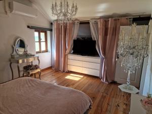 a bedroom with a bed and a television and a chandelier at Maison de vacances in Vanxains