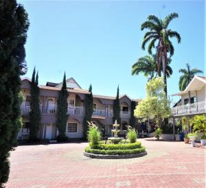 um edifício com uma palmeira e um pátio em The Chancellor Hotel em Port of Spain