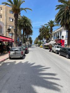 una calle con palmeras y un coche aparcado en la carretera en cosy Furnished appartment, en Ez Zahra