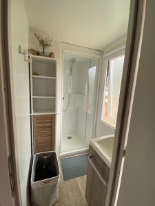 La petite salle de bains est pourvue d'une douche et d'un lavabo. dans l'établissement MH148 camping TOHAPI NOVELA - Mobil home 6p climatisé -, à Port-la-Nouvelle