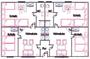 a floor plan of a house with red at Ruegen_Fewo 102 in Sagard