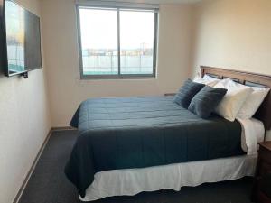 Un dormitorio con una gran cama azul y una ventana en Departamento full equipo, en San Pedro de la Paz