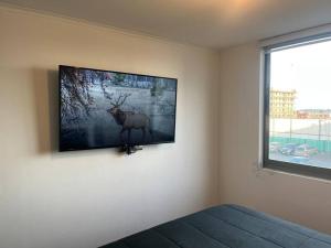 una habitación con una foto de un ciervo en la pared en Departamento full equipo, en San Pedro de la Paz