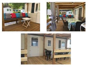 a collage of pictures of a house with a table and a couch at Mobilhome 3 chambres in Bias