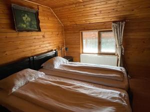 クンプルング・モルドヴェネスクにあるPensiunea Lilianaのベッド2台 木製の壁の部屋