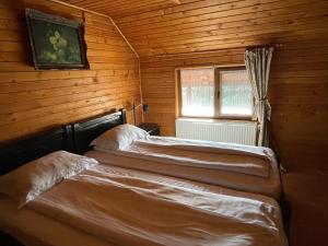zwei Betten in einem Zimmer mit Holzwänden in der Unterkunft Pensiunea Liliana in Câmpulung Moldovenesc