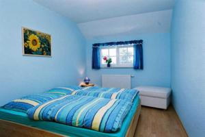 a blue bedroom with a bed and a window at Ruegen Fewo 207 in Moisselbritz