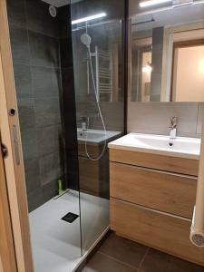 ein Badezimmer mit Dusche und Waschbecken in der Unterkunft Le Sept in Gruissan