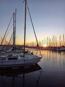eine Gruppe von Booten, die bei Sonnenuntergang in einem Hafen anlanden in der Unterkunft Le Sept in Gruissan