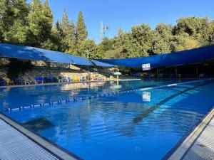 - une grande piscine avec une tare bleue dans l'établissement לב אמירים, à Amirim