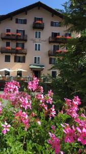 a building with pink flowers in front of it at Centrale in Courmayeur