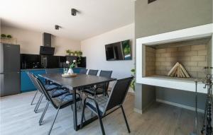 une salle à manger avec une table et des chaises et une cheminée dans l'établissement Lovely Home In Nedescina With Sauna, à Nedeščina