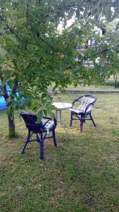 two benches and a table and a chair in the grass at Kuca za odmor Lucija in Zagreb