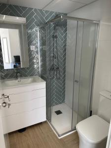 uma casa de banho com um chuveiro, um WC e um lavatório. em Alojamiento Aguacate em Madrid