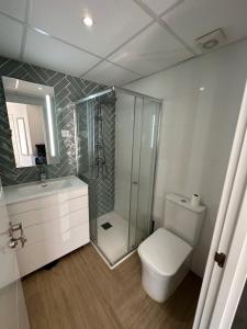 a bathroom with a shower and a toilet and a sink at Alojamiento Aguacate in Madrid