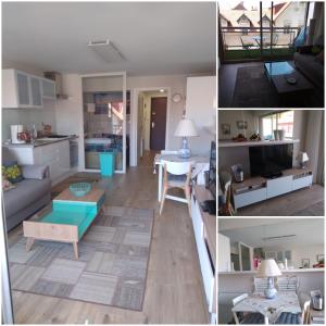 a living room and a kitchen with a couch and a table at Magnifique studio double cabine in Le Touquet-Paris-Plage