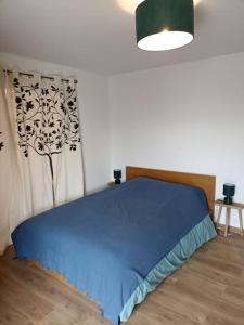 um quarto com uma cama com um cobertor azul em Studio chemin de Saint Jacques em Vals-près-le-Puy