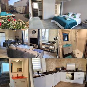 a collage of photos of a bedroom and a living room at Gite du four à pain in Benais