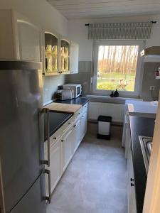 a kitchen with a stainless steel refrigerator and a window at Spreewaldhaus Raddusch, Boote- Fahrräder gratis in Raddusch