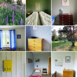 eine Collage mit Fotos von einem Schlafzimmer und einem Bett in der Unterkunft Fristad Hostel Vitsand in Gunsjögården